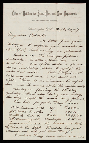 Bernard R. Green to Thomas Lincoln Casey, September 20, 1887