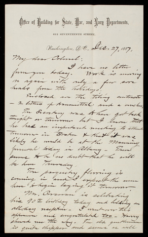Bernard R. Green to Thomas Lincoln Casey, December 27, 1887