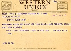 Telegram from John F. Ryan to Charles L. Whipple