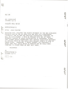 Telex prinotut from Mark H. McCormack to John Forster