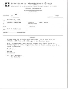 Fax from Mark H. McCormack to Tadashi Tokushima