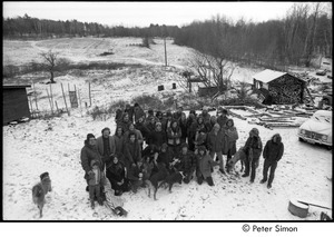 Group photo of members of Packer Corners and Tree Frog Farm communes, taken from Packer Corners farmhouse roof