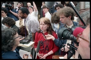 Amy Carter being interviewed by the press on the front steps of the Hampshire County Courthouse after her acquittal in the CIA protest case