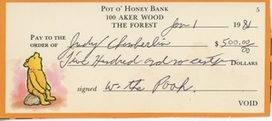 Winnie the Pooh check from Jordan Hess to Judi Chamberlin
