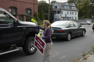 Protest against a pornographic video store in Northampton: protester handing out fliers to cars on North Street