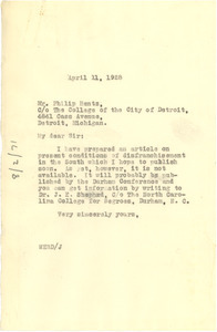 Letter from W. E. B. Du Bois to Philip Hentz