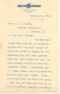 Letter from the World To-day to W. E. B. Du Bois