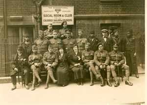 African American soldiers and sailors in front of YMCA Social Room & Club