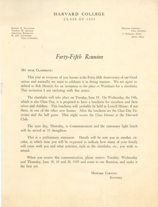 Circular letter from Harvard College Class of 1890