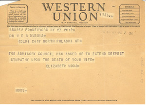 Telegram from Elizabeth Moos to W. E. B. Du Bois