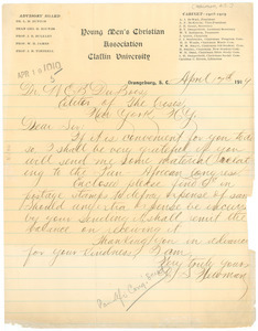 Letter from A. S. Newman to W. E. B. Du Bois