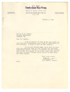 Letter from New York Amsterdam Star News to W. E. B. Du Bois