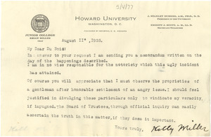 Letter from Kelly Miller to W. E. B. Du Bois