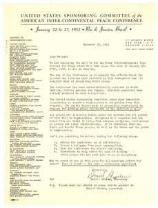 Circular letter from United States Sponsoring Committee of the American Inter-Continental Peace Conference to W. E. B. Du Bois