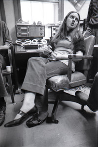 Bernadette Devlin McAliskey talking to reporters in the WBCN production room