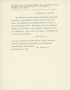 Transcript of letter of recommendation from Eli Todd and George Sumner