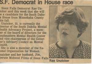Newspaper clipping promoting Rae Unzicker's candidacy
