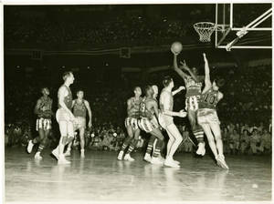 The Harlem Globetrotters in action during the 1952 World Tour