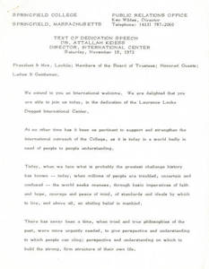 International Center Dedication Speech by Dr. Attallah Kidess (November 18, 1972)