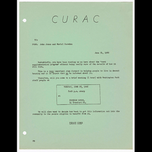 Memorandum from John Jones and Muriel Snowden about meeting on June 28, 1966 discussing rent supplementation program