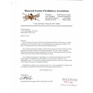 Letter and poem from Hancock County Firefighters Association (Ellsworth, Maine)
