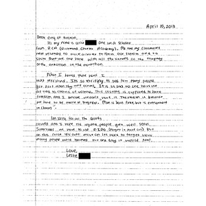 Letter to Boston from a student at Richmond Charter Academy (Richmond, California)