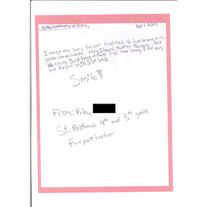 "Smile!" letter of condolence from a student at St. Anthony of Padua Parish School (Fairport Harbor, Ohio)