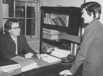 Suffolk University Professor Edith M. Marken (CAS), photograph, Department Chair Journalism, photograph, seated behind desk, photograph, circa 1940s