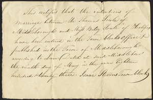 Marriage Intention of Thomas Soule of Middleborough, Massachusetts and Betsy Soule, 1823