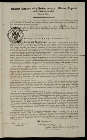 Manifesto issued by Supreme Council member Emanuel De La Motta, 1814