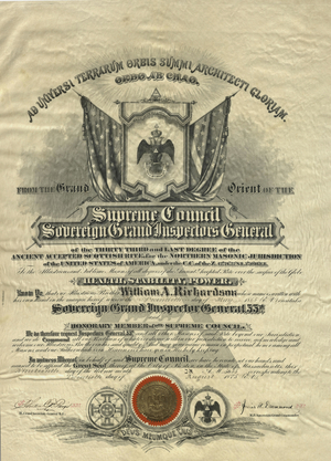 Honorary 33° certificate issued to William A. Richardson