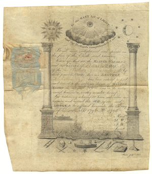 Master Mason certificate issued by Franklin Lodge, No. 37, to Daniel Rathbone, 1796 March 1