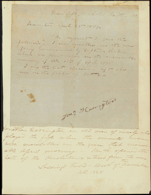 Autograph of Jonathan Harrington, the last-surviving participant in the Battle of Lexington, 1851 April 25