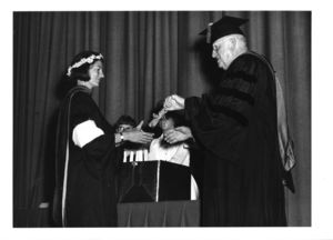 Sara Wasserman receives her degree from Dean Donald R. Simpson (Law) at the 1970 Suffolk University commencement