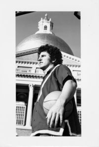 Suffolk University men's basketball player Chris Tsiotos posed in front of the State House in downtown Boston, circa 1978-1979