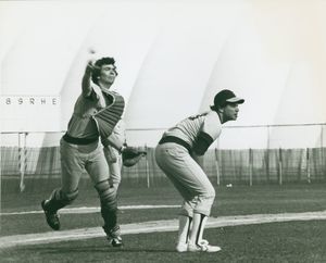 Suffolk University men's baseball catcher Mike Romano and pitcher Mike Grassia, in game at MIT, 1979