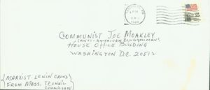Envelope addressed to "Communist Joe Moakley (Anti-American Congressman!)"