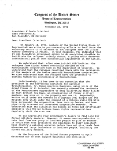 Letters from members of Congress to El Salvador President Cristiani regarding Salvadoran government policy on refugees, 22 November 1991