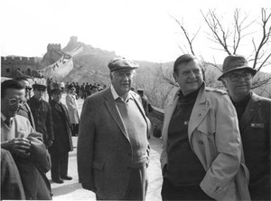Congressmen John Joseph Moakley, Dan Rostenkowski, and Thomas P. "Tip" O'Neill stand in front of the Great Wall of China