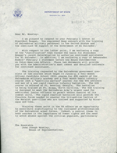 Letter from the Assistant Secretary for Congressional Relations responding to Congressman John Joseph Moakley's letter about his opposition to the training of Salvadoran military personnel in the United States and continued support of the government of El Salvador by the US