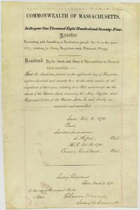 Resolve : rescinding and annulling a resolution, passed Dec. 18 in the year 1872, relating to Army registers and national flags. Resolved by the Senate and House of Representatives in General Court assembled ...