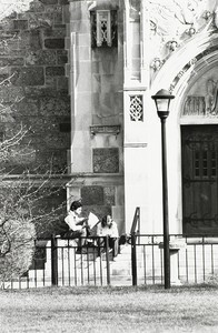 Students sitting on the Bapst Library steps