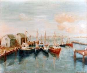 Painting: fishing boats, Section B, Woods Hole Fish Market, 1940