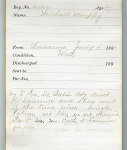 Tewksbury Almshouse Intake Record: Murphy, Michael