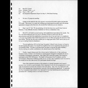 Development department report for May 9, 1996 Board meeting.