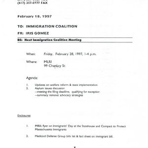 Memorandum and enclosures by the Massachusetts Law Reform Institute regarding the Immigration Coalition Meeting on Feb. 28, 1997