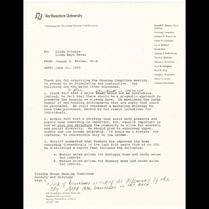 Letter from Joseph D. Warren to Linda Grisham and Linda Mayo-Perez regarding Freedom House housing committee strategy