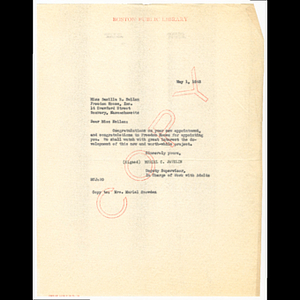 Letter from Muriel C. Javelin of the Boston Public Library to Basilla E. Neilan congratulating her on appointment as director of Citizens for Tomorrow