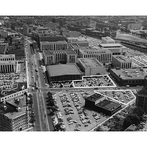 Aerial view of Northeastern's campus, looking East up Huntington Avenue