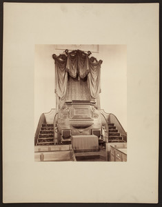 Close-up view of pulpit and communion table, West Church, 131 Cambridge Street